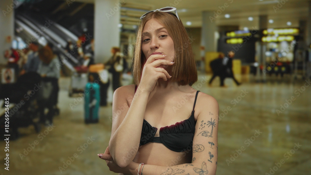 Fototapeta premium Woman smiling in airport terminal with casual attire tattoos blonde hair vibrant atmosphere captures modern travel spirit indoors.
