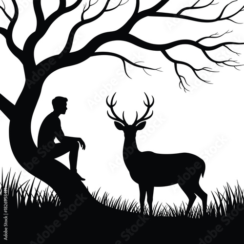 Silhouette of a person and a majestic stag under a large tree