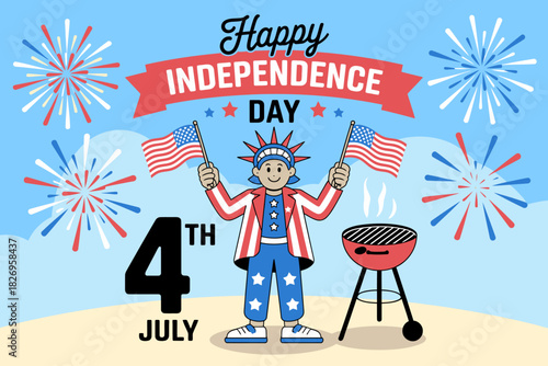 4th of July Independence Day - Patriotic Cartoon Character with Grill and Fireworks.