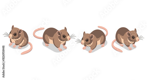Isometric cartoon mice set on white background for design projects
