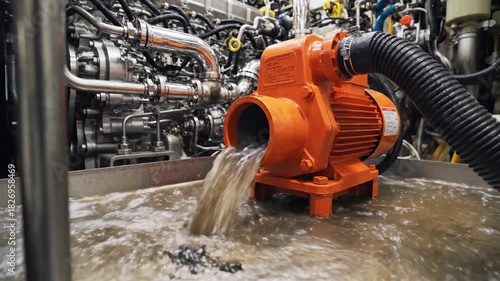 Industrial Water Pump with Orange Body in Action with Pipes