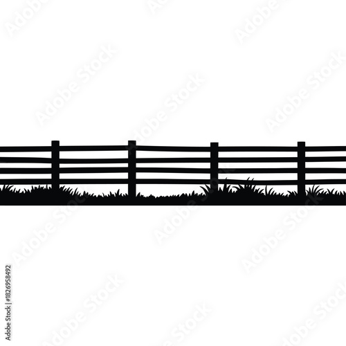 Rustic wooden fence with tall grass silhouette on white background