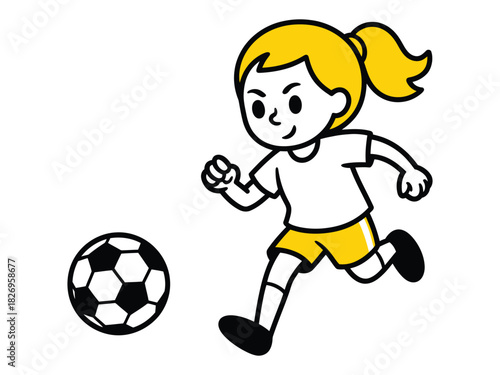 A young girl with blonde hair plays soccer with a ball.
