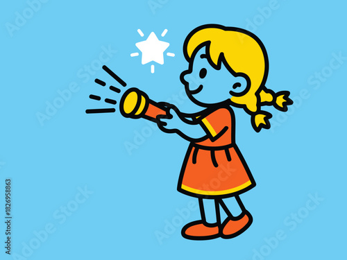 A cartoon child with blonde pigtails looks through a telescope at a shining star.