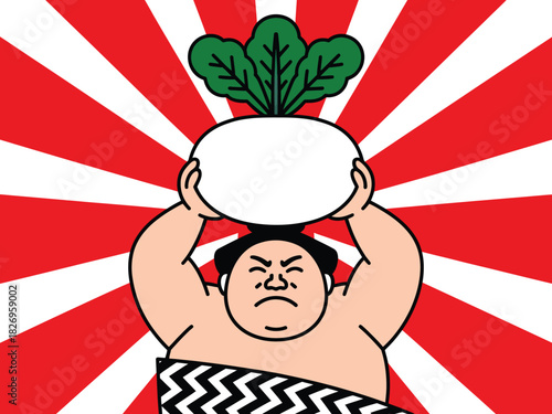 A sumo wrestler holds a large daikon radish above his head with a determined expression.