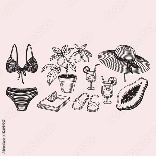 Beachwear and tropical items with drinks and fruit illustration bikini swimsuit