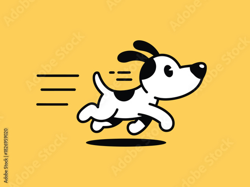 A cartoon puppy runs quickly with motion lines behind it on a yellow background.