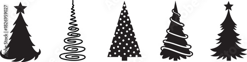 Christmas Pine Tree Silhouette Icon Set: Decorative Holiday Tree Vector Bundle with Star Toppers