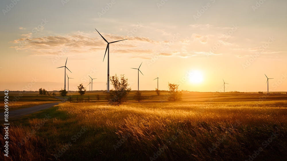 Obraz premium Numerous tall wind generators stand on a grassy plain during a brilliant sunset