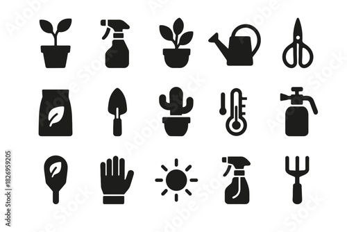 Gardening tool icons: plants, watering can, pruning shears, and more