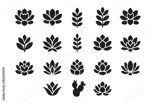 Collection of diverse black silhouette plant icons featuring cactus and lotus designs