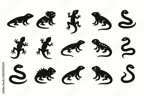 Silhouette collection of various reptiles including lizards and snakes in different poses