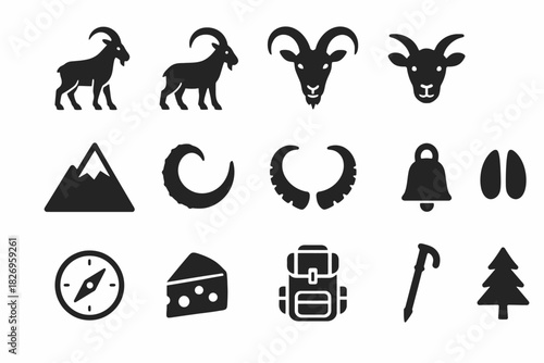 Mountain adventure icons: wildlife, hiking gear, navigation, and nature elements
