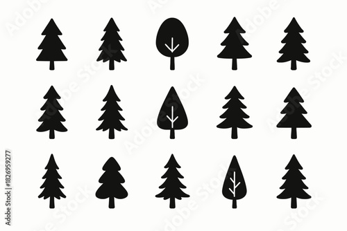 Silhouette collection of various tree shapes in a grid pattern