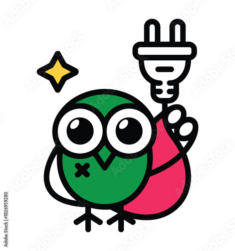 A cartoon owl with a plug in its wing is illuminated by a star.