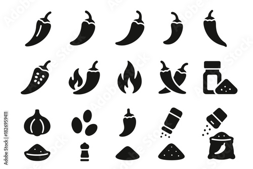 Spicy icons: chili peppers, flames, garlic, salt shakers, and seasonings in black silhouette