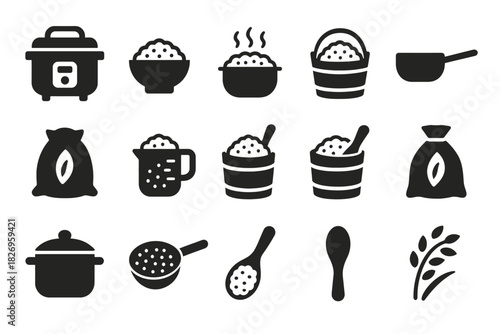 Silhouette icons of rice cooking and serving utensils