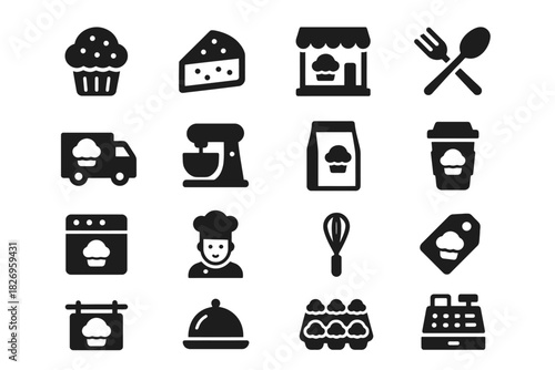 Black and white bakery icons set featuring kitchen tools and baked goods