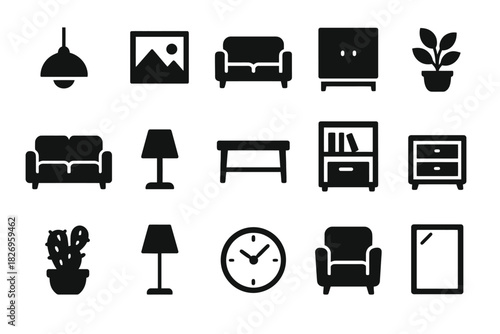 Silhouette icons of furniture and decor: sofa, lamp, plant, clock, table, painting