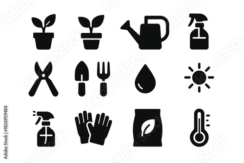 Black gardening icons set: tools, plants, watering can, thermometer, sun, gloves