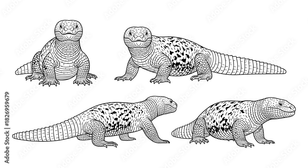 Naklejka premium Detailed black and white reptile illustrations of komodo dragons with various patterns