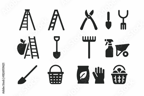 Garden tools icons: ladder, shovel, shears, rake, basket, spray bottle, gloves
