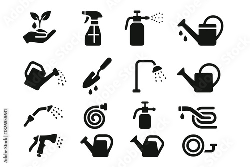 Gardening tools and watering icons set featuring watering cans and spray bottles
