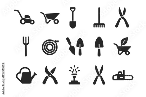 Gardening tool icons: lawn mower, wheelbarrow, shovel, rake, pruning shears, watering can, chainsaw