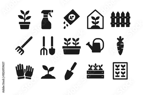 Gardening icons collection: plants, tools, and equipment illustrations