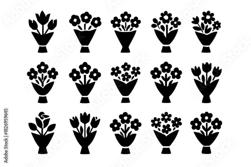 Silhouette floral bouquet set: diverse flower arrangements in black and white