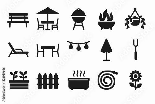 Outdoor furniture and garden icon set: bench, grill, patio, plants, fire pit