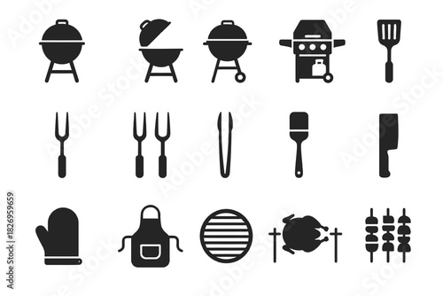 Barbecue grill icons set: essential tools and equipment in black silhouette