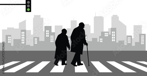 Elderly pedestrians crossing, urban mobility, city crosswalk, cane support, traffic light, senior safety, gray skyline, long coats, walking scene