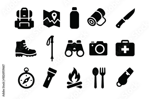 Outdoor adventure icon set: backpack, map, gear, and essentials