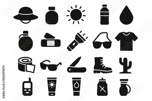 Collection of camping icons featuring gear and outdoor essentials