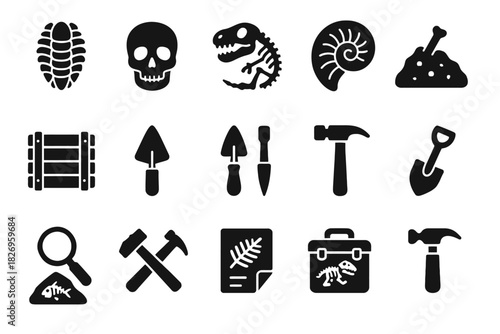 Archaeology and paleontology icons set: bones, tools, fossils, and equipment