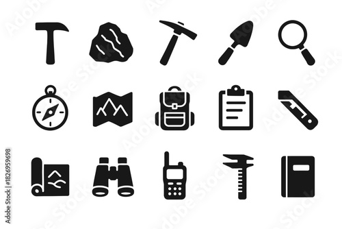 Set of 16 black silhouettes: hiking and camping tools and equipment icons