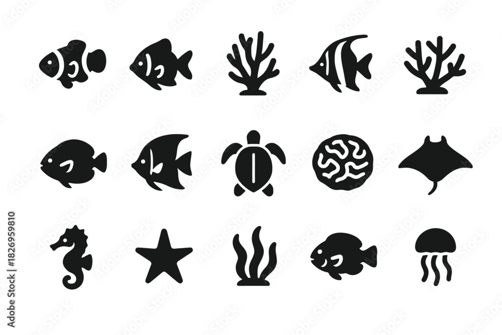 Fototapeta premium Aquatic life silhouettes: fish, coral, turtle, seahorse, starfish, jellyfish, manta ray