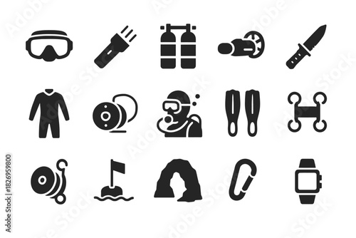 Diving gear and equipment icons: mask, flashlight, tanks, knife, wetsuit, reel, snorkel, fins, buoy, arch, carabiner, watch