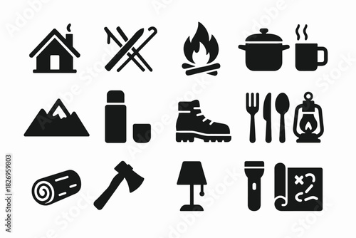 Camping adventure icons: outdoor, cooking, hiking, exploration, nature