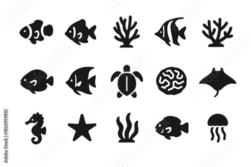 Aquatic life silhouettes: fish, coral, turtle, seahorse, starfish, jellyfish, manta ray