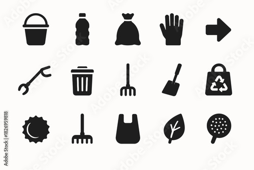 Set of recycling and cleaning icons: bucket, bottle, bag, glove, arrow, tools, symbols