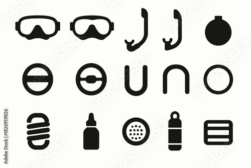 Diving and snorkeling gear icons set: masks, snorkels, oxygen tanks, sealed bottles