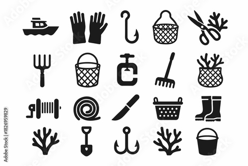 Collection of fishing and gardening tools in black silhouette icons