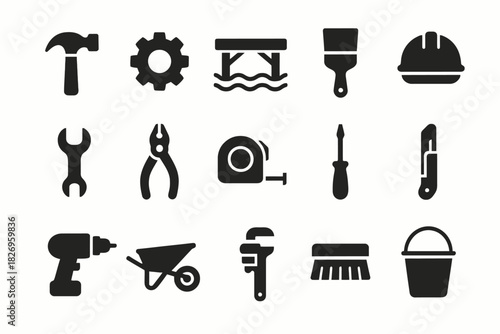 Silhouette icons of construction and hand tools for diy projects