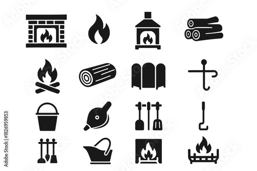 Collection of fireplace and firewood icons in black and white