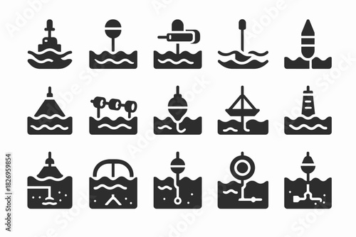 Collection of nautical buoy icons in black and white silhouette style