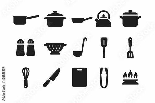 Kitchen utensils and cookware icons in black and white silhouettes