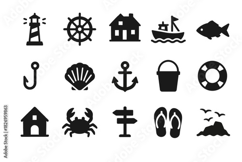 Nautical icons set: lighthouse, boat, anchor, shell, fishing symbols