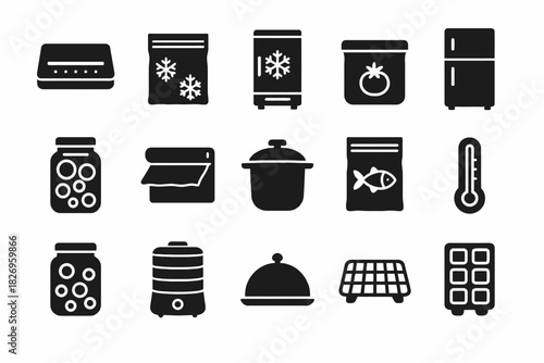 Black icons of kitchen appliances and food preservation methods